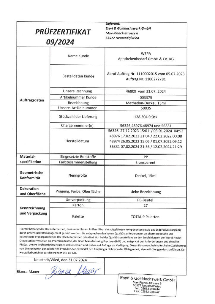 Verschluss für Substitutions-Trinkampulle 15 ml