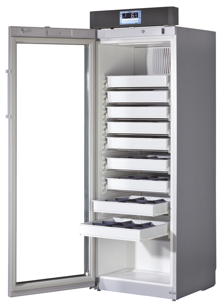 apotec®  cool connect Medikamentenkühlschrank mit Kunststoff Schubladen, 335 l, nach DIN 58345, Glastür, Türanschlag links