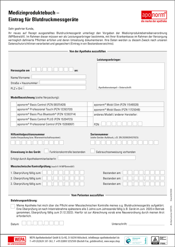 Medizinproduktebuch-Vorlage zur Kundenmitgabe bei RX-Rezept