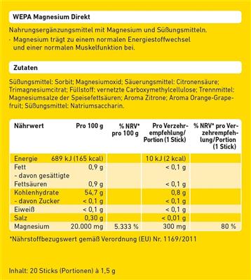 WEPA Magnesium Direkt Sticks, 20er Pack.