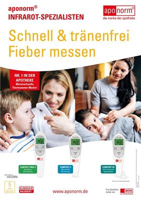 Werbeposter aponorm<sup>®</sup> Infrarot-Thermometer "Schnell und tränenfrei Fieber messen"