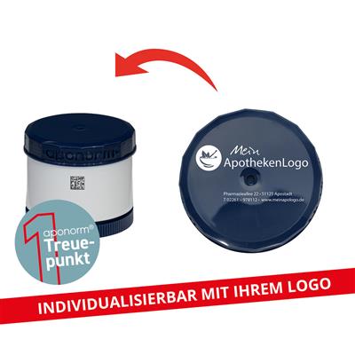 TOPITEC® Kruke (aponorm® Drehdosierkruke) 50 g/70 ml blau/weiß individuell